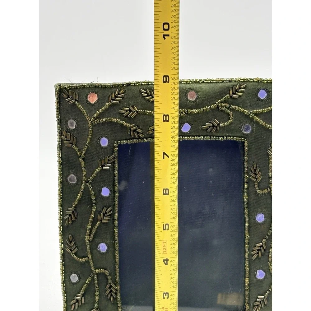 Pier 1 Velvet Beaded Picture Frame Green Rhinestone Jeweled Boho 5x7